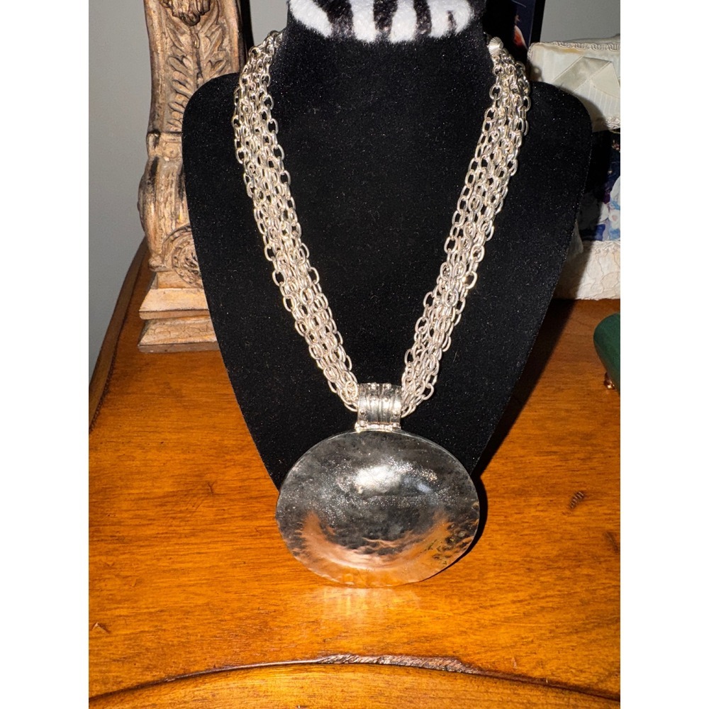 Chunky Silver Tone Hammered‎ Pendant Multi Strand Chain Necklace Statement